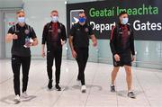 10 August 2021; Bohemians goalkeepers, from left, James Talbot, Enda Minogue, goalkeeping coach Chris Bennion, and Stephen McGuinness at Dublin Airport prior to their side's departure to Greece for their UEFA Europa Conference League third qualifying round second leg match against PAOK. Photo by Seb Daly/Sportsfile