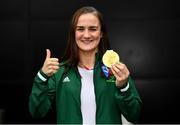10 August 2021; Gold medallist Kellie Harrington at Dublin Airport as Team Ireland's boxers return from the Tokyo 2020 Olympic Games. Photo by Seb Daly/Sportsfile