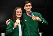 10 August 2021; Gold medallist Kellie Harrington and bronze medallist Aidan Walsh at Dublin Airport as Team Ireland's boxers return from the Tokyo 2020 Olympic Games. Photo by Seb Daly/Sportsfile