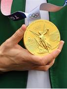 10 August 2021; Gold medallist Kellie Harringotn holds her medal as she is interviewed at Dublin Airport as Team Ireland's boxers return from the Tokyo 2020 Olympic Games. Photo by Seb Daly/Sportsfile