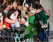 10 August 2021; Bronze medallist Aidan Walsh is greeted by family and friends at Dublin Airport as Team Ireland's boxers return from the Tokyo 2020 Olympic Games. Photo by Seb Daly/Sportsfile