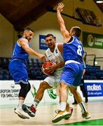 10 August 2021; David Bugeja of Malta in action against Davide Macina, left, and Giacomo Pasolini of San Marino during the FIBA Men’s European Championship for Small Countries day one match between Malta and San Marino at National Basketball Arena in Tallaght, Dublin. Photo by Eóin Noonan/Sportsfile