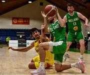 10 August 2021; Sean Flood of Ireland in action against Alexis Bartolome of Andorra during the FIBA Men’s European Championship for Small Countries day one match between Andorra and Ireland at National Basketball Arena in Tallaght, Dublin. Photo by Eóin Noonan/Sportsfile