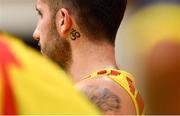 10 August 2021; A detailed view of the tattoo of Aaron Guzman of Andorra during the FIBA Men’s European Championship for Small Countries day one match between Andorra and Ireland at National Basketball Arena in Tallaght, Dublin. Photo by Eóin Noonan/Sportsfile