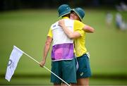 7 August 2021; Hannah Green of Australia and her caddie Nathan Blasko on the 18th during round four of the women's individual stroke play at the Kasumigaseki Country Club during the 2020 Tokyo Summer Olympic Games in Kawagoe, Saitama, Japan. Photo by Stephen McCarthy/Sportsfile