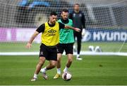 11 August 2021; Patrick Hoban, left, and Cameron Dummigan during a Dundalk training session at Tallaght Stadium in Dublin. Photo by Ben McShane/Sportsfile