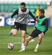 11 August 2021; Michael Duffy, left, and Cameron Dummigan during a Dundalk training session at Tallaght Stadium in Dublin. Photo by Ben McShane/Sportsfile