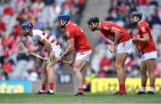 8 August 2021; Cork players, from left, Patrick Collins, Seán O'Donoghue, Robert Downey and Mark Coleman await a Kilkenny free during the GAA Hurling All-Ireland Senior Championship semi-final match between Kilkenny and Cork at Croke Park in Dublin. Photo by Piaras Ó Mídheach/Sportsfile