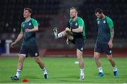 11 August 2021; Sean Hoare, centre, Ronan Finn, left, and Chris McCann, right, during a Shamrock Rovers training session at Elbasan Arena in Elbasan, Albania. Photo by Florion Goga/Sportsfile