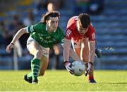 11 August 2021; Shane O'Connell of Cork in action against Conall O'Duinn of Limerick during the Electric Ireland Munster minor football championship final match between Cork and Limerick at Semple Stadium in Thurles, Tipperary.  Photo by Piaras Ó Mídheach/Sportsfile