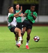 11 August 2021; Max Murphy, left, and Aidomo Emakhu during a Shamrock Rovers training session at Elbasan Arena in Elbasan, Albania. Photo by Florion Goga/Sportsfile