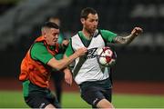 11 August 2021; Chris McCann, right, and Gary O'Neill during a Shamrock Rovers training session at Elbasan Arena in Elbasan, Albania. Photo by Florion Goga/Sportsfile