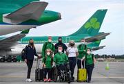 12 August 2021; And they’re off… Aer Lingus send-off for Paralympic Team Ireland. Aer Lingus flew the first group of Paralympic Team Ireland athletes on flight EI 154 to London Heathrow as they journey to compete in the Tokyo 2020 Paralympic Games. Peter O’Neill, Chief Operations Officer, Aer Lingus said; “Aer Lingus wishes all of the members of Paralympic Team Ireland the very best of luck as they journey to compete in the Tokyo 2020 Paralympic Games. Aer Lingus is proud to support the team on this first part of their journey and our ground staff and operating crew are looking forward to welcoming the athletes to the airport and on board.” Pictured are athletes, from left, Greta Streimikyte, Jordan Lee, Mary Fitzgerald, Michael McKillop, Colin Judge, Orla Comerford, Jason Smyth and Niamh McCarthy on the runway at Dublin Airport. Photo by David Fitzgerald/Sportsfile