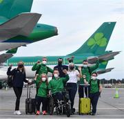 12 August 2021; And they’re off… Aer Lingus send-off for Paralympic Team Ireland. Aer Lingus flew the first group of Paralympic Team Ireland athletes on flight EI 154 to London Heathrow as they journey to compete in the Tokyo 2020 Paralympic Games. Peter O’Neill, Chief Operations Officer, Aer Lingus said; “Aer Lingus wishes all of the members of Paralympic Team Ireland the very best of luck as they journey to compete in the Tokyo 2020 Paralympic Games. Aer Lingus is proud to support the team on this first part of their journey and our ground staff and operating crew are looking forward to welcoming the athletes to the airport and on board.” Pictured are athletes, from left, Greta Streimikyte, Jordan Lee, Mary Fitzgerald, Michael McKillop, Colin Judge, Orla Comerford, Jason Smyth and Niamh McCarthy on the runway at Dublin Airport. Photo by David Fitzgerald/Sportsfile