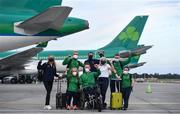 12 August 2021; And they’re off… Aer Lingus send-off for Paralympic Team Ireland. Aer Lingus flew the first group of Paralympic Team Ireland athletes on flight EI 154 to London Heathrow as they journey to compete in the Tokyo 2020 Paralympic Games. Peter O’Neill, Chief Operations Officer, Aer Lingus said; “Aer Lingus wishes all of the members of Paralympic Team Ireland the very best of luck as they journey to compete in the Tokyo 2020 Paralympic Games. Aer Lingus is proud to support the team on this first part of their journey and our ground staff and operating crew are looking forward to welcoming the athletes to the airport and on board.” Pictured are athletes, from left, Greta Streimikyte, Jordan Lee, Mary Fitzgerald, Michael McKillop, Colin Judge, Orla Comerford, Jason Smyth and Niamh McCarthy on the runway at Dublin Airport. Photo by David Fitzgerald/Sportsfile