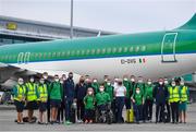12 August 2021; And they’re off… Aer Lingus send-off for Paralympic Team Ireland. Aer Lingus flew the first group of Paralympic Team Ireland athletes on flight EI 154 to London Heathrow as they journey to compete in the Tokyo 2020 Paralympic Games. Peter O’Neill, Chief Operations Officer, Aer Lingus said; “Aer Lingus wishes all of the members of Paralympic Team Ireland the very best of luck as they journey to compete in the Tokyo 2020 Paralympic Games. Aer Lingus is proud to support the team on this first part of their journey and our ground staff and operating crew are looking forward to welcoming the athletes to the airport and on board.” Pictured are athletes, Greta Streimikyte, Jordan Lee, Mary Fitzgerald, Michael McKillop, Colin Judge, Orla Comerford, Jason Smyth and Niamh McCarthy,centre, with Paralympic and Aer Lingus staff on the runway at Dublin Airport. Photo by David Fitzgerald/Sportsfile