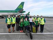 12 August 2021; And they’re off… Aer Lingus send-off for Paralympic Team Ireland. Aer Lingus flew the first group of Paralympic Team Ireland athletes on flight EI 154 to London Heathrow as they journey to compete in the Tokyo 2020 Paralympic Games. Peter O’Neill, Chief Operations Officer, Aer Lingus said; “Aer Lingus wishes all of the members of Paralympic Team Ireland the very best of luck as they journey to compete in the Tokyo 2020 Paralympic Games. Aer Lingus is proud to support the team on this first part of their journey and our ground staff and operating crew are looking forward to welcoming the athletes to the airport and on board.” Pictured are athletes, from left, Greta Streimikyte, Jordan Lee, Mary Fitzgerald, Michael McKillop, Colin Judge, Jason Smyth, Orla Comerford and Niamh McCarthy alongside Aer Lingus employees, from left, Donna Gill, Margaret Brown, Susan Keogan, Seonadh Creed and Sharon Leonard on the runway at Dublin Airport. Photo by David Fitzgerald/Sportsfile