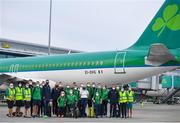 12 August 2021; And they’re off… Aer Lingus send-off for Paralympic Team Ireland. Aer Lingus flew the first group of Paralympic Team Ireland athletes on flight EI 154 to London Heathrow as they journey to compete in the Tokyo 2020 Paralympic Games. Peter O’Neill, Chief Operations Officer, Aer Lingus said; “Aer Lingus wishes all of the members of Paralympic Team Ireland the very best of luck as they journey to compete in the Tokyo 2020 Paralympic Games. Aer Lingus is proud to support the team on this first part of their journey and our ground staff and operating crew are looking forward to welcoming the athletes to the airport and on board.” Pictured are athletes, Greta Streimikyte, Jordan Lee, Mary Fitzgerald, Michael McKillop, Colin Judge, Orla Comerford, Jason Smyth and Niamh McCarthy,centre, with Paralympic and Aer Lingus staff on the runway at Dublin Airport. Photo by David Fitzgerald/Sportsfile