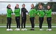 12 August 2021; Peamount United players, from left, Áine O’Gorman, Teigan Ruddy, Lauryn O’Callaghan, Lauren Kelly, Dearbhaile Beirne and Alannah McEvoy during a Peamount United media day at the FAI National Training Centre in Abbotstown, Dublin. Photo by Seb Daly/Sportsfile