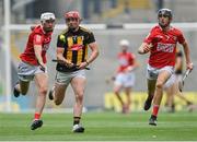 8 August 2021; James Maher of Kilkenny in action against Tim O'Mahony, left, and Ger Millerick of Cork during the GAA Hurling All-Ireland Senior Championship semi-final match between Kilkenny and Cork at Croke Park in Dublin. Photo by Piaras Ó Mídheach/Sportsfile