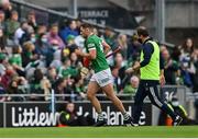 7 August 2021; Barry Nash of Limerick leaves the pitch to receive medical attention during the GAA Hurling All-Ireland Senior Championship semi-final match between Limerick and Waterford at Croke Park in Dublin. Photo by Piaras Ó Mídheach/Sportsfile
