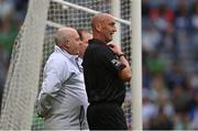 7 August 2021; Referee John Keenan in conversation with his umpires before showing Peter Casey of Limerick a red card during the GAA Hurling All-Ireland Senior Championship semi-final match between Limerick and Waterford at Croke Park in Dublin. Photo by Piaras Ó Mídheach/Sportsfile