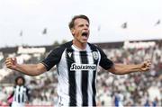 12 August 2021; Stefan Schwab of PAOK celebrates after scoring the opening goal of the match during the UEFA Europa Conference League Third Qualifying Round Second Leg match between PAOK and Bohemians at Toumba Stadium in Thessaloniki, Greece. Photo by Argiris Makris /Sportsfile