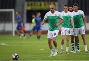 12 August 2021; Joey O'Brien of Shamrock Rovers during the warm-up before the UEFA Europa Conference League Third Qualifying Round Second Leg match between Teuta and Shamrock Rovers at Elbasan Arena in Elbasan, Albania. Photo by Florion Goga/Sportsfile