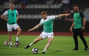12 August 2021; Rory Gaffney of Shamrock Rovers during the warm-up before the UEFA Europa Conference League Third Qualifying Round Second Leg match between Teuta and Shamrock Rovers at Elbasan Arena in Elbasan, Albania. Photo by Florion Goga/Sportsfile