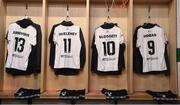 12 August 2021; A view of the Dundalk jerseys of, from left, Raivis Jurkovskis, Patrick McEleney, Greg Sloggett and Patrick Hoban in the dressing room before the UEFA Europa Conference League third qualifying round second leg match between Dundalk and Vitesse at Tallaght Stadium in Dublin. Photo by Ben McShane/Sportsfile