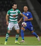 12 August 2021; Richie Towell of Shamrock Rovers in action against Sebino Plaku of Teuta during the UEFA Europa Conference League Third Qualifying Round Second Leg match between Teuta and Shamrock Rovers at Elbasan Arena in Elbasan, Albania. Photo by Florion Goga/Sportsfile