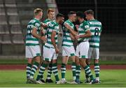12 August 2021; Rory Gaffney of Shamrock Rovers, second from left, celebrates with team-mates after scoring his side's first goal during the UEFA Europa Conference League Third Qualifying Round Second Leg match between Teuta and Shamrock Rovers at Elbasan Arena in Elbasan, Albania. Photo by Florion Goga/Sportsfile