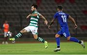 12 August 2021; Richie Towell of Shamrock Rovers in action against Erando Karabeci of Teuta during the UEFA Europa Conference League Third Qualifying Round Second Leg match between Teuta and Shamrock Rovers at Elbasan Arena in Elbasan, Albania. Photo by Florion Goga/Sportsfile