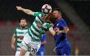 12 August 2021; Rory Gaffney of Shamrock Rovers in action against Albano Aleksi of Teuta during the UEFA Europa Conference League Third Qualifying Round Second Leg match between Teuta and Shamrock Rovers at Elbasan Arena in Elbasan, Albania. Photo by Florion Goga/Sportsfile