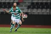 12 August 2021; Rory Gaffney of Shamrock Rovers shoots to score his side's second goal during the UEFA Europa Conference League Third Qualifying Round Second Leg match between Teuta and Shamrock Rovers at Elbasan Arena in Elbasan, Albania. Photo by Florion Goga/Sportsfile