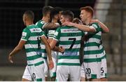 12 August 2021; Rory Gaffney of Shamrock Rovers, right, celebrates with team-mates after scoring his side's second goal during the UEFA Europa Conference League Third Qualifying Round Second Leg match between Teuta and Shamrock Rovers at Elbasan Arena in Elbasan, Albania. Photo by Florion Goga/Sportsfile