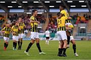12 August 2021; Yann Gboho of Vitesse, right, celebrates with team-mates after scoring their side's second goal during the UEFA Europa Conference League third qualifying round second leg match between Dundalk and Vitesse at Tallaght Stadium in Dublin. Photo by Seb Daly/Sportsfile