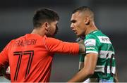 12 August 2021; Graham Burke of Shamrock Rovers and Stivi Frasheri of Teuta during a coming together during the UEFA Europa Conference League Third Qualifying Round Second Leg match between Teuta and Shamrock Rovers at Elbasan Arena in Elbasan, Albania. Photo by Florion Goga/Sportsfile