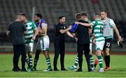 12 August 2021; Shamrock Rovers manager Stephen Bradley, centre, celebrates with his players after the UEFA Europa Conference League Third Qualifying Round Second Leg match between Teuta and Shamrock Rovers at Elbasan Arena in Elbasan, Albania. Photo by Florion Goga/Sportsfile