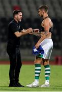 12 August 2021; Shamrock Rovers manager Stephen Bradley, left, celebrates with Lee Grace after the UEFA Europa Conference League Third Qualifying Round Second Leg match between Teuta and Shamrock Rovers at Elbasan Arena in Elbasan, Albania. Photo by Florion Goga/Sportsfile