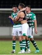 12 August 2021; Lee Grace of Shamrock Rovers, right, and team-mate Gary O'Neill celebrate after the UEFA Europa Conference League Third Qualifying Round Second Leg match between Teuta and Shamrock Rovers at Elbasan Arena in Elbasan, Albania. Photo by Florion Goga/Sportsfile
