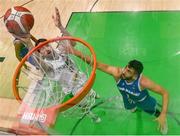 12 August 2021; Eoin Quigley of Ireland scores a dunk despite the block of Ygor Biordi of San Marino during the FIBA Men’s European Championship for Small Countries day three match between Ireland and San Marino at National Basketball Arena in Tallaght, Dublin. Photo by Eóin Noonan/Sportsfile