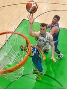 12 August 2021; John Carroll of Ireland in action against Giacomo Pasolini of San Marino during the FIBA Men’s European Championship for Small Countries day three match between Ireland and San Marino at National Basketball Arena in Tallaght, Dublin. Photo by Eóin Noonan/Sportsfile