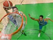 12 August 2021; Ciaran Roe of Ireland scores a dunk despite the efforts of Marko Micevic of San Marino during the FIBA Men’s European Championship for Small Countries day three match between Ireland and San Marino at National Basketball Arena in Tallaght, Dublin. Photo by Eóin Noonan/Sportsfile