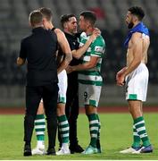 12 August 2021; Shamrock Rovers manager Stephen Bradley, left, celebrates with Aaron Greene after the UEFA Europa Conference League Third Qualifying Round Second Leg match between Teuta and Shamrock Rovers at Elbasan Arena in Elbasan, Albania. Photo by Florion Goga/Sportsfile