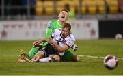 12 August 2021; David McMillan of Dundalk collides with Vitesse goalkeeper Markus Schubert during the UEFA Europa Conference League third qualifying round second leg match between Dundalk and Vitesse at Tallaght Stadium in Dublin. Photo by Seb Daly/Sportsfile