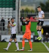 12 August 2021; Dundalk players, Andy Boyle, goalkeeper Alessio Abibi, and Darragh Leahy before the UEFA Europa Conference League third qualifying round second leg match between Dundalk and Vitesse at Tallaght Stadium in Dublin. Photo by Seb Daly/Sportsfile