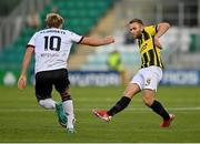 12 August 2021; Sondre Tronstad of Vitesse in action against Greg Sloggett of Dundalk during the UEFA Europa Conference League third qualifying round second leg match between Dundalk and Vitesse at Tallaght Stadium in Dublin. Photo by Seb Daly/Sportsfile