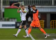 12 August 2021; Andy Boyle, left and Dundalk goalkeeper Alessio Abibi before the UEFA Europa Conference League third qualifying round second leg match between Dundalk and Vitesse at Tallaght Stadium in Dublin. Photo by Seb Daly/Sportsfile
