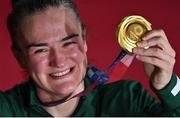 8 August 2021; Kellie Harrington of Ireland celebrates with her gold medal after defeating Beatriz Ferreira of Brazil in their women's lightweight final bout with at the Kokugikan Arena during the 2020 Tokyo Summer Olympic Games in Tokyo, Japan.  Photo by Brendan Moran/Sportsfile